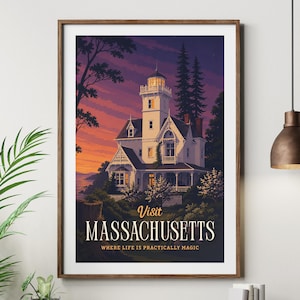 May include: A framed travel poster featuring a white lighthouse-style house at sunset with purple and orange skies. The text reads: Visit MASSACHUSETTS WHERE LIFE IS PRACTICALLY MAGIC. The scene includes dark trees, a rocky coastline, and glowing windows.