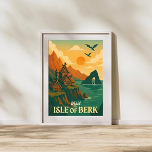 May include: Framed art print featuring a stylized landscape with a coastal village, mountains, and dragons. The color palette includes orange, teal, and yellow. Text reads "Visit Isle of Berk."