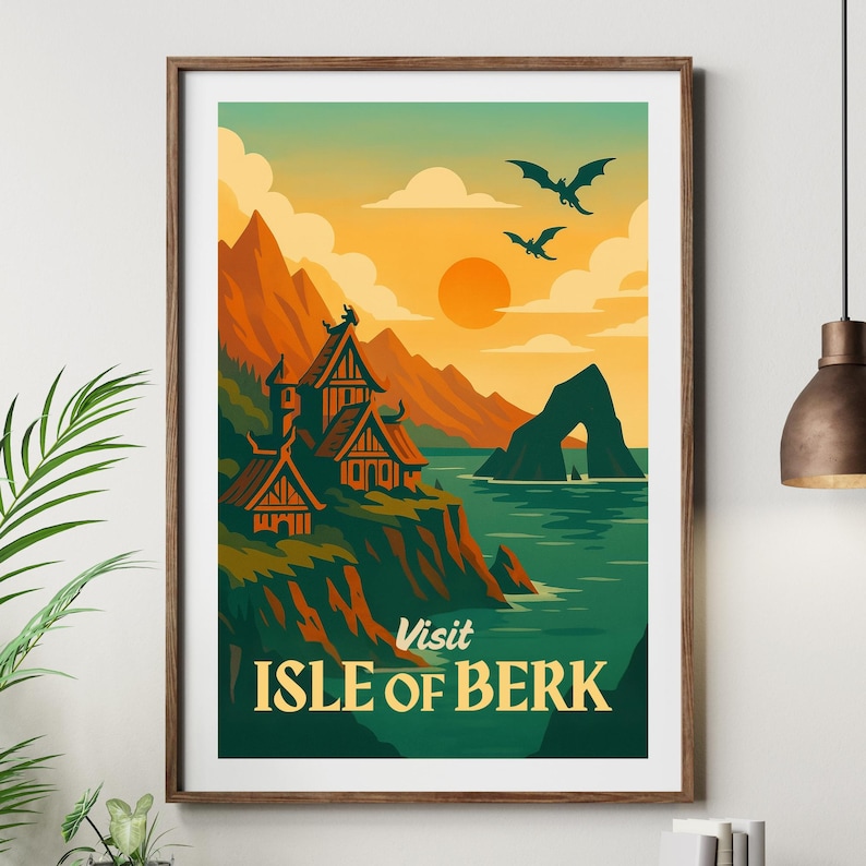 May include: A framed art print featuring a stylized landscape with a Viking village on a cliffside. The artwork showcases a sunset with dragons flying overhead and the text "Visit Isle of Berk."
