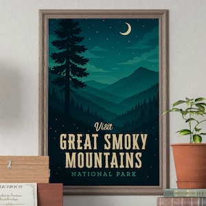 Great Smoky Mountains National Park Poster - Retro Firefly Nacht Landschaft Wandkunst