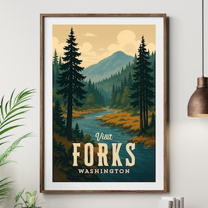 May include: A framed art print featuring a scenic landscape of Forks, Washington. The artwork depicts a river winding through a forest with tall evergreen trees and a mountain in the background. The words "Visit Forks Washington" are displayed in a vintage style.