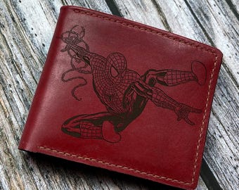 Spiderman portemonnee van echt leer, superhelden custom naam graveercadeau, portemonnee voor kind