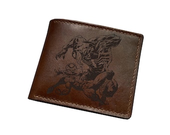 Handgestikte leren portemonnee, Venom Spiderman-gravure, gepersonaliseerd cadeau