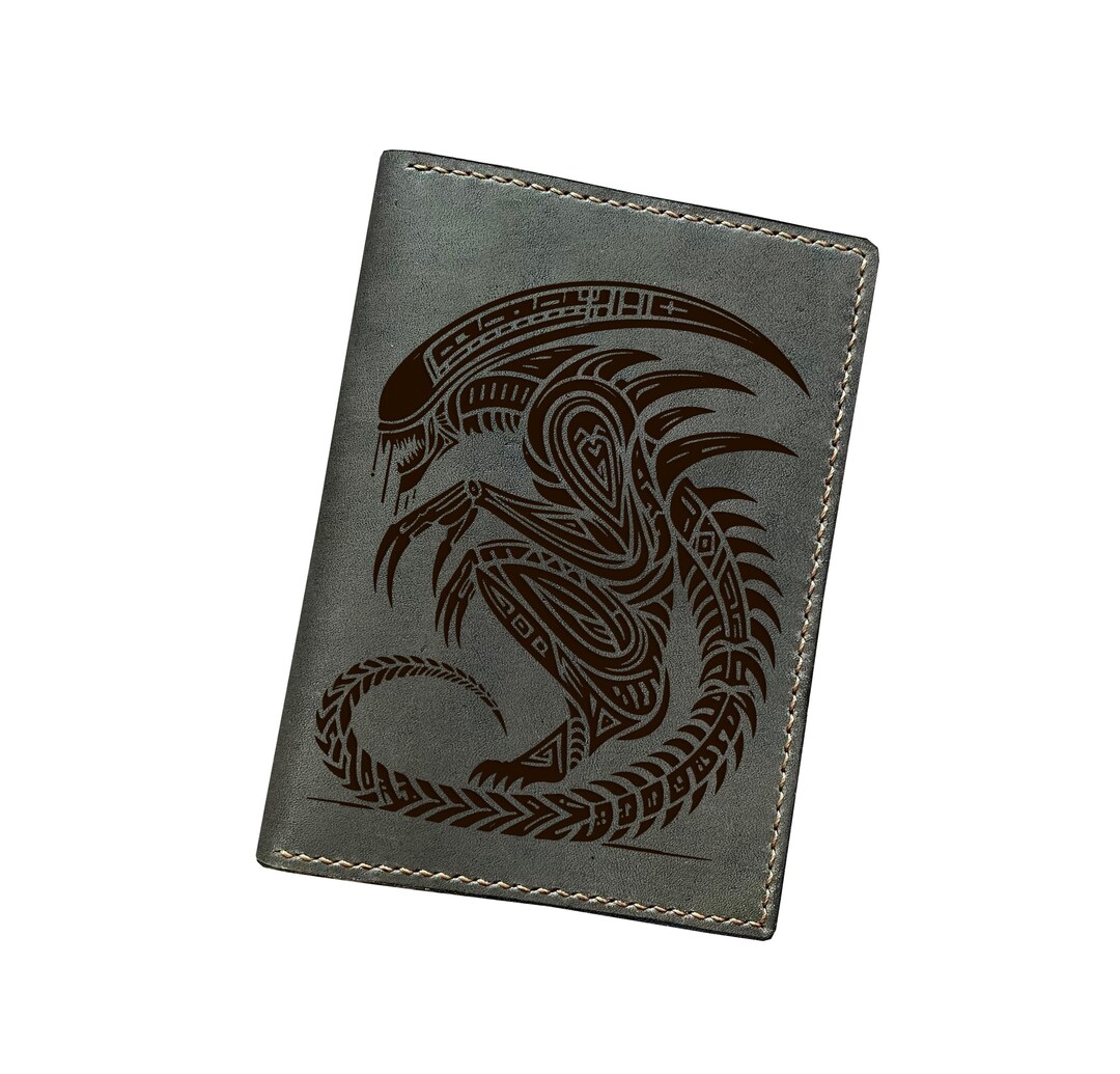 Alien Xenomorph Tattoo Style Leather Handmade Wallet, Custom Engraving ...