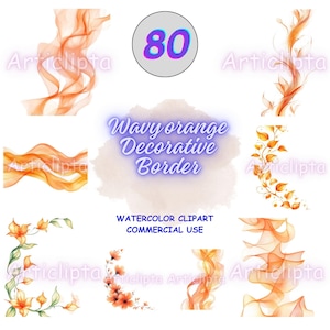 May include: A digital art composition featuring watercolor clipart elements. The image includes wavy orange decorative borders, floral accents, and blue floral designs. Text includes "Wavy orange Decorative Border" and "Watercolor Clipart Commercial Use."