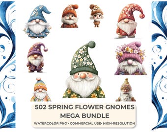 Watercolor Spring Gnome Clipart: Floral Garden PNG Bundle for Sublimation & Crafts