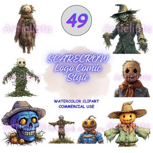 49 Scarecrow Logo PNG Clipart Bundle, Comic Style Design Art, Autumn Harvest Character, Farm Field Guardian, Whimsical Illustration Graphic