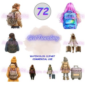 Watercolor Traveler Girl Clipart Bundle: Journey Adventure Art (Digital Download