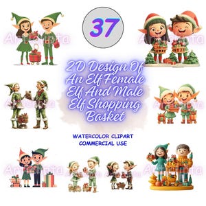May include: A collection of watercolour illustrations depicting elves, male and female, shopping and sharing gifts. The images are festive, with a variety of colours and designs. Text includes "2D Design Of An Elf Female Elf And Male Elf Shopping Basket."
