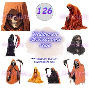 Watercolor Halloween Skeletor Clipart Bundle: Orange Villain PNG (Digital Download