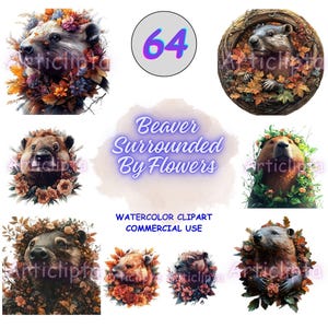 Watercolor Beaver Clipart Bundle: Floral River Dam Builder PNG (Digital Download)