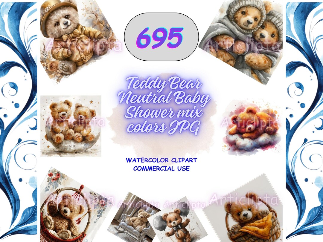 Watercolor Teddy Bear Clipart Bundle, Neutral Baby Shower (JPG), 695 ...