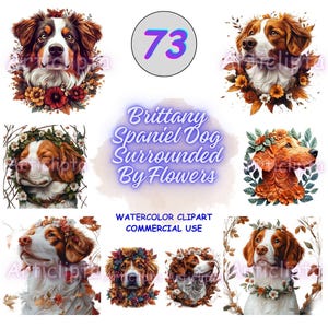 73 Floral Brittany Spaniel Dog Portrait, Whimsical Style, Detailed Illustrations, Pastel Hues, Unique Print Art Clipart Bundle, PNG