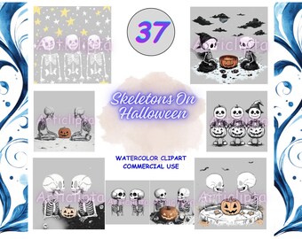 Watercolor Skeleton Clipart: Spooky Halloween Cartoon PNGs