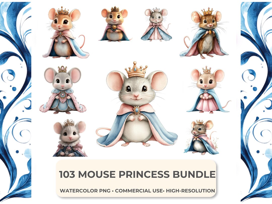 Watercolor Mouse Princess Clipart Bundle: Pink & Blue Royalty (PNG ...