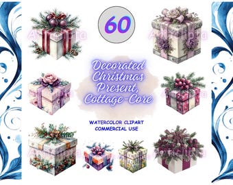 Watercolor Christmas Present Clipart, Cottagecore Holiday Gift Boxes PNG Graphics Bundle