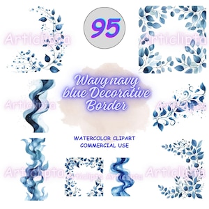 Puede incluir: Una colección de bordes decorativos y elementos florales en acuarela azul marino. La imagen incluye varios diseños como esquinas con hojas, líneas onduladas y arreglos florales. El texto incluye "Wavy navy blue Decorative Border" y "Watercolor Clipart Commercial Use".