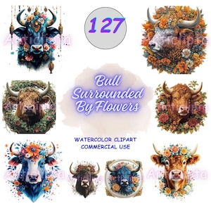 Watercolor Bull Clipart Bundle: Floral Farm Animal PNGs (Digital Download)
