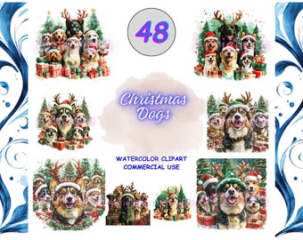 May include: Watercolor clipart featuring various dog breeds in festive Christmas attire. Each illustration showcases dogs wearing Santa hats, reindeer antlers, and surrounded by gifts and Christmas trees. The text "Christmas Dogs" is also included.