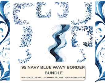 Navy Blue Wavy Border Clipart Watercolor Scrapbook Frames Digital PNG