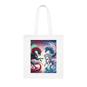 Fantasy Creatures Cotton Tote Bag, Dragons vs Unicorns Reusable Shopping Bag, Eco-Friendly Gift, Fantasy Lover Tote, Mythical Creature Bag