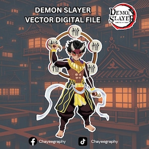 May include: Digital illustration of a character from Demon Slayer. The character is depicted in a dynamic pose, wearing a dark brown and yellow outfit with a red mask. The image includes the text "DEMON SLAYER VECTOR DIGITAL FILE".
