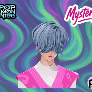 Puede incluir: Ilustración de una persona con cabello azul y un chaleco rosa, sobre un fondo arremolinado de verde, morado y azul. La imagen incluye el texto "Mystery" y "K-Pop Demon Hunters".