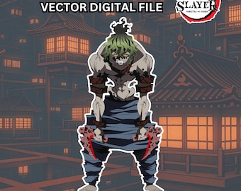 Puede incluir: Archivo digital con una ilustración de un personaje de Demon Slayer. La imagen muestra una figura musculosa con cabello verde, sosteniendo dos cuchillas rojas dentadas. El fondo representa un pueblo japonés tradicional con edificios iluminados. Texto: "Demon Slayer Vector Digital File."