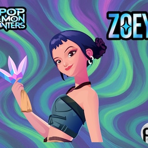 May include: Illustration of a woman named Zoey holding a multi-colored, gem-like object. The image has a swirling, colorful background with the text "K-POP DEMON HUNTERS" and "ZOEY". The style is reminiscent of a cartoon.