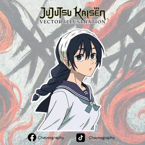 Può includere: Illustrazione vettoriale di un personaggio femminile anime di Jujutsu Kaisen. Ha i capelli scuri, gli occhi blu e indossa un'uniforme da marinaio bianca con un fiocco blu. Lo sfondo presenta tratti di pennello astratti e il testo "JUJUTSU KAISEN VECTOR ILLUSTRATION".