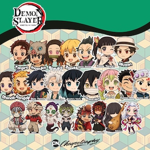 May include: A collection of colorful Demon Slayer character stickers. Each sticker features a chibi-style illustration of a character from the anime series, with names below. The Demon Slayer logo is at the top, and the artist's logo is at the bottom.