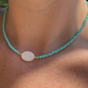 Delicate Seed Bead Necklace with Mother of Pearl Pendant, Minimalist Necklace, Colorful Necklace, Summer Necklace
