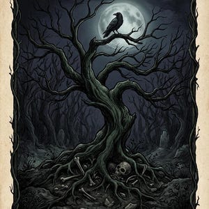 Peut inclure: Illustration gothique d'un corbeau perché sur une branche d'arbre dans une forêt éclairée par la lune. L'arbre noueux a des racines exposées avec un crâne et des os à la base. L'œuvre est encadrée d'une bordure sombre en forme de vigne, créant un thème d'Halloween effrayant.
