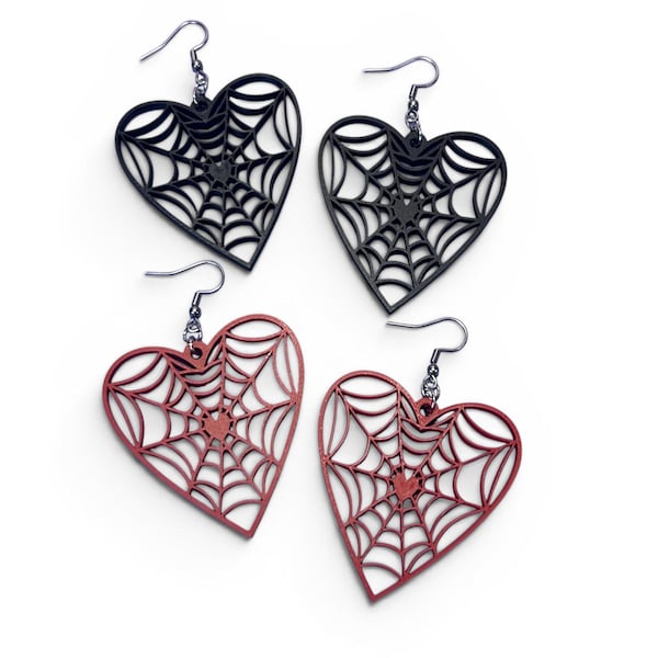 Spider Web Heart Earrings | Spiderweb Dangle Jewelry | Goth Kawaii Spooky Accessory