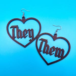 They/Them Pronoun Heart Dangle Earrings: Non-Binary LGBTQ Pride Jewelry
