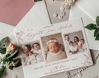 Floral Letterpress Birth Announcement with Three Photos