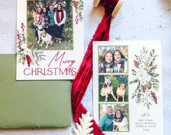 Foil Stamped Holiday Christmas Photo Card - Foil Berry and Watercolor Pine