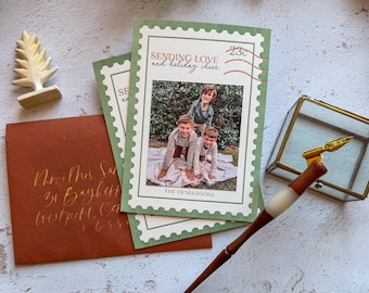 Letterpress and Foil Stamped Holiday Christmas Photo Card - Postage Stamp Design