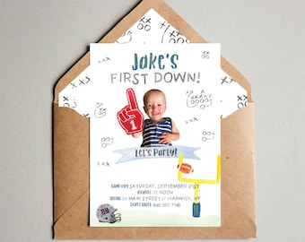 First Down Football Invitation, Watercolor Photo First Birthday - Printed Invitations