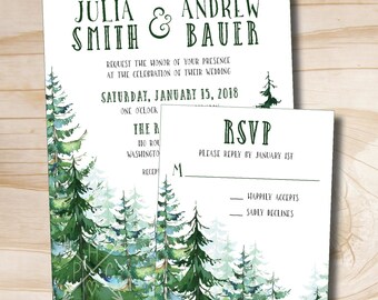 watercolor pine tree mountain wedding invitation response card etsy