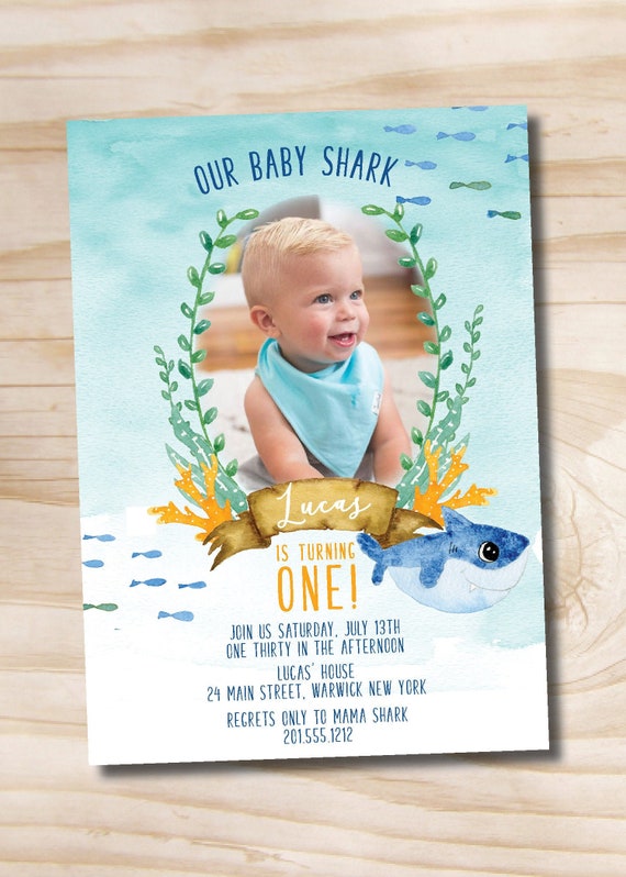 Watercolor Shark Photo Invitation Under the Sea // Baby Shark Birthday Invitation // Boy Birthday - Custom PDF or Printed Invitation Il_570xn