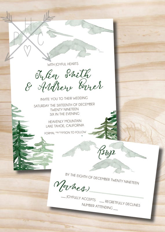 watercolor pine mountain wedding invitation response card invitation wedding invite response card