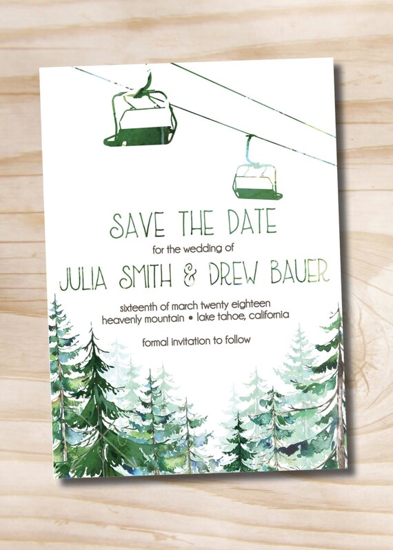 Watercolor Chairlift Gondola Wedding Save the Date - Printable digital file or printed invitations Il_570xn