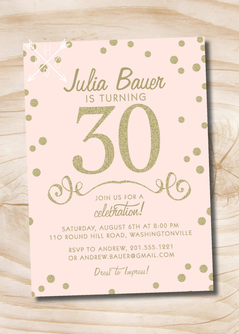 Printable digital file or printed invitations Pink and Gold glitter confetti 30th 40th 50th Birthday Invitation