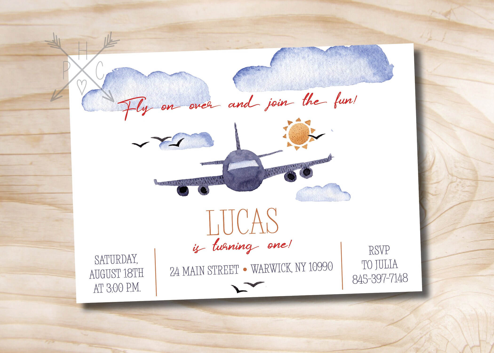 Airplane Birthday Invitation Watercolor Airplane Up Up Etsy
