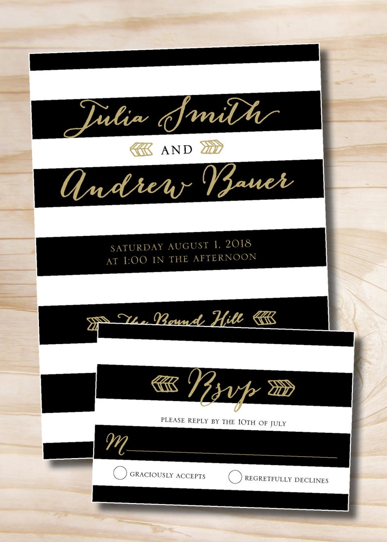 Black White and Gold Striped Wedding Invitation and Response Etsy