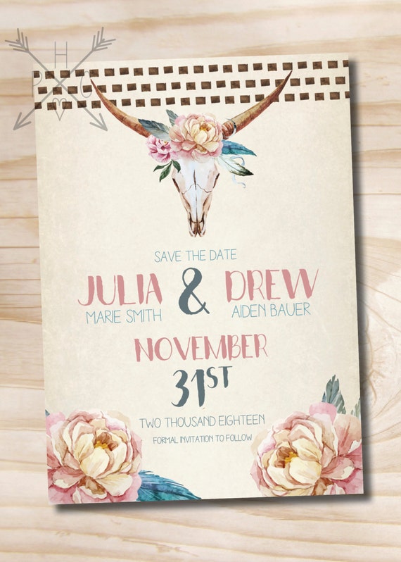 Floral Skull Save the Date, Custom Bull Skull Wild West Save the Date - Printable digital file or printed invitations Il_570xn