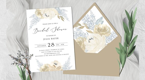 Dusty Blue Neutral Floral Bridal Shower Invitation Envelope Liners - Digital or Printed Il_570xn
