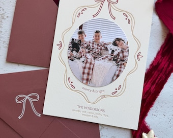 Letterpress Holiday Christmas Photo Card - Doodle Bow Ornament Design
