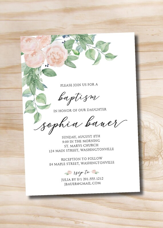 Watercolor Floral Baptism Invitation, Baptism Invitation Girl, Girl Baptism Invite, Greenery Baptism Invitation printable baptism invitation Il_570xn